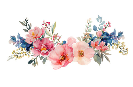 Watercolor flowers crown isolated on white. Spring floral wreath