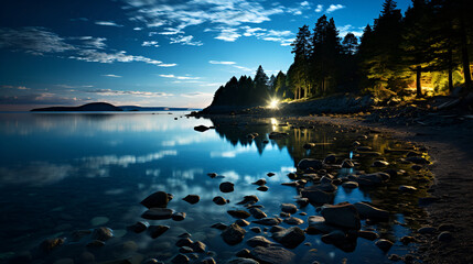 A serene beach at night, with the starlit sky reflected in calm waters, creating a peaceful and breathtaking scene that merges the beauty of land and sky