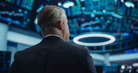 View from the Back of a Middle Aged Man Working on the Floor in a Modern Stock Exchange Firm. Specialist Monitoring Companies and Funds, Securities, Derivatives, Investments on Multiple Screens