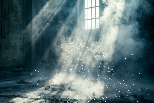 A Room Illuminated by a Single Ray of Light Amidst Dust Particles. Concept Room Lighting, Dust Particles, Illumination, Indoor Photography, Atmospheric Lighting