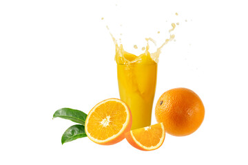 Orange fruit juice glass with splash and drops and sliced orange fruit isolated on white background.