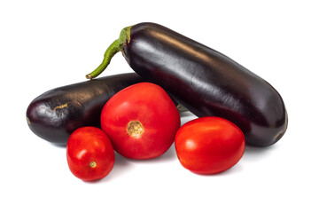 Fresh eggplants with tomatoes isolated on white background with clipping path