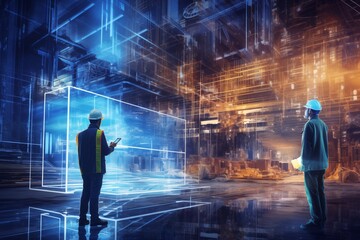 Modern neon cyberpunk open space warehouse interior blurred with information technology overlay. Corporate strategy for logistics, operations, commerce, marketing. Industry 4.0