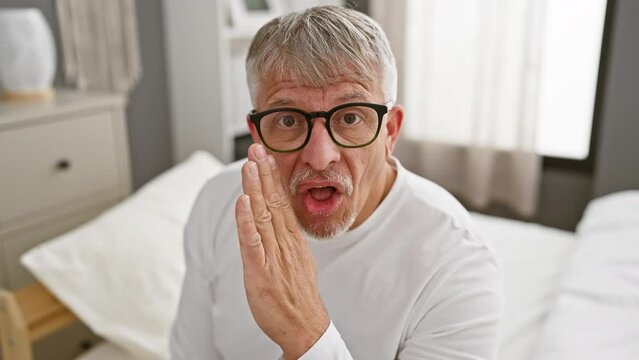 Middle age grey-haired man wearing pyjama hand on mouth telling secret rumor, whispering malicious talk conversation at bedroom