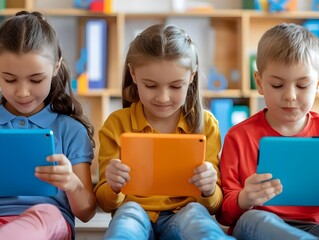 Children Engaged in Collaborative Learning using Tablets in Classroom