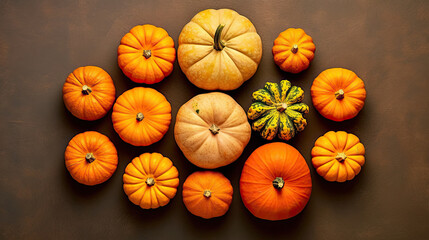 A group of pumpkins on a orange color stone