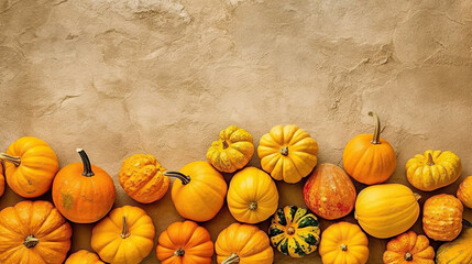A group of pumpkins on a yellow color stone