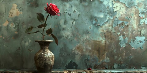A Faded Rose in a Weathered Vase Surrounded by Neglect and Decay. Concept Vintage Aesthetics, Beauty Amidst Decay, Still Life Photography - obrazy, fototapety, plakaty