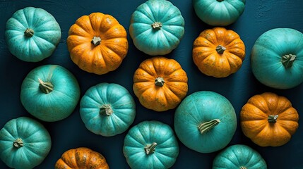 A group of pumpkins on a cyan color stone
