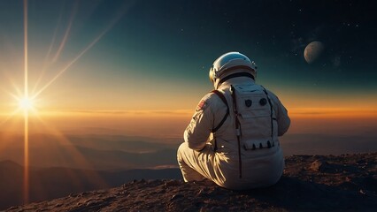 Fototapeta na wymiar astronaut on the hill watching sunset ai generated images
