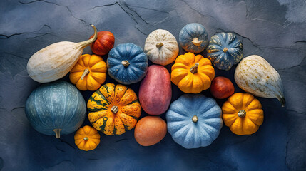 A group of pumpkins on a blue color stone