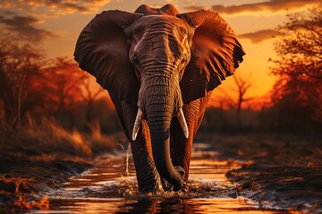 An elegant elephant gracefully traverses its natural habitat, moving freely against the backdrop of a breathtaking sunset