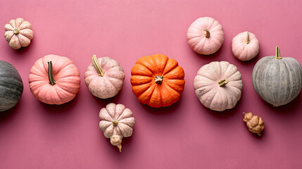 Fototapeta na wymiar A group of pumpkins on a pink color stone