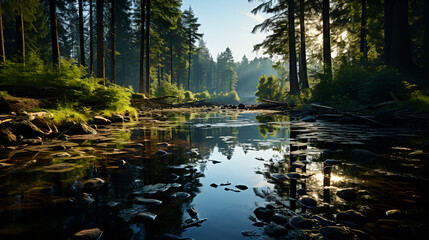 A serene forest lake surrounded by tall pines and reflected in the calm water, presenting a picturesque and tranquil scene.