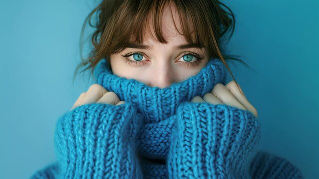 Blue moday concept. Woman in blue turtleneck knitted sweater sadly looking at camera.