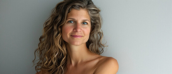 Naklejka premium Happy attractive confident European woman of middle age posing for beauty portrait. Beautiful mid aged mature lady smiling on background, attractive female model looking at camera. Close up face .