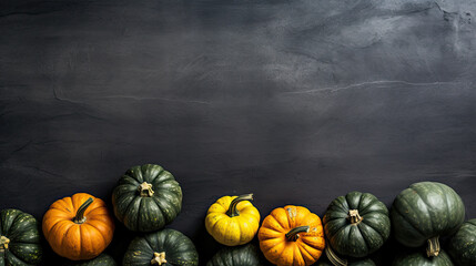 A group of pumpkins on a dark lime color stone