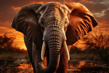 A majestic elephant strolls through its natural habitat as the sun sets, creating a picturesque scene of peace and harmony