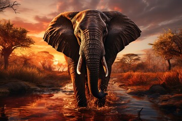In a serene moment captured at dusk, an elephant wanders through its natural habitat, framed by the warm hues of a setting sun