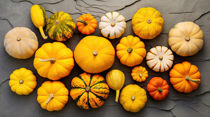 A group of pumpkins on a vivid yellow color stone