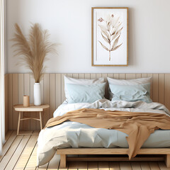 Mock up frame in cozy home interior background, coastal style bedroom, 3d render 