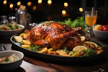 Amidst a backdrop of festive decorations, a beautifully arranged dinner table invites guests to partake in a grand celebration dinner, complete with delectable dishes and merriment