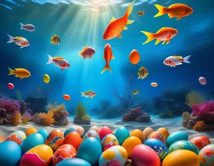 Fotobehang a group of fish swimming over a group of easter eggs in an ocean with corals and seaweed on the bottom © paolo