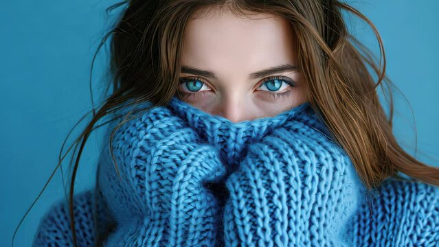 Blue moday concept. Woman in blue turtleneck knitted sweater sadly looking at camera.