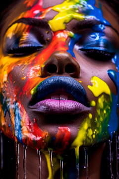 A close up of a woman 's face covered in colorful paint