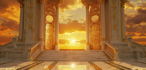 A grand palace entrance with golden gates and marble steps, set against a sunset orange sky
