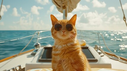 An orange cat in a dress relaxes and enjoys a summer vacation on a yacht while wearing sunglasses