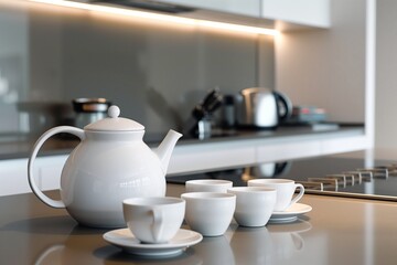 Fototapeta na wymiar modern teapot and cups arranged on a sleek kitchen counter