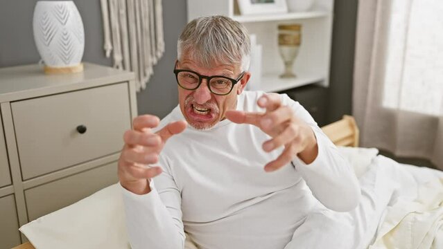 Furious grey-haired middle age man in pyjamas, hands mimicking strangling, shouting and yelling in a mad rage in bedroom, communication spiked with raw anger.