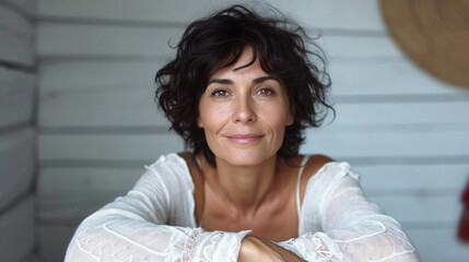 Happy attractive confident European woman of middle age posing for beauty portrait. Beautiful mid aged mature lady smiling on background, attractive female model looking at camera. Close up face .