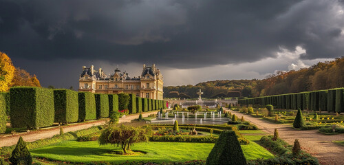 A baroque palace with sculpted gardens and fountains, under a stormy grey sky
