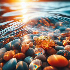 Colorful stones on the background of the sea and the sun.