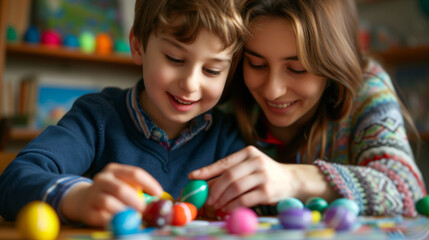 Mother and son are painting Easter eggs. DIY Spring children project at home..