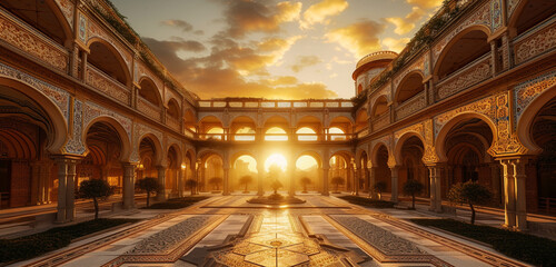 A palace with mosaic tiles and a central courtyard, under a warm, golden sunset sky - Powered by Adobe