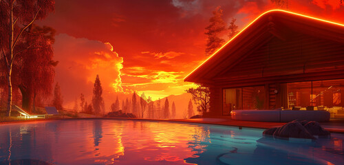 A quaint log cabin beside a pool covered by an acrylic roof, with a background of fiery red sunset