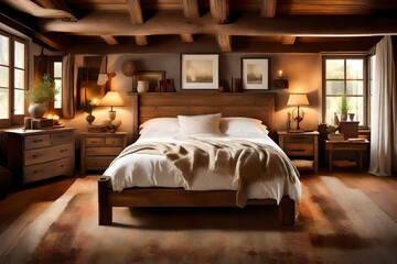 A rustic-themed bedroom with exposed wooden beams, a charming fireplace, and vintage furniture. Soft candlelight adds a touch of warmth to the room