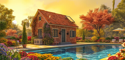 A small, cozy brick house next to a pool with an acrylic roof, surrounded by a flowering garden, under a bright yellow morning sky