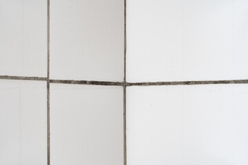 White ceramic bathroom wall tiles. Corner shot, lines up, no people