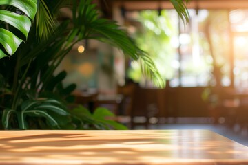 Fototapeta premium tabletop with blurred plants and cafe interior in the back