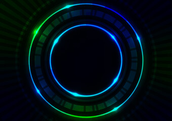 Green circle len light technology neon blue dark background