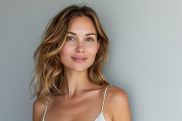 Happy attractive confident young adult or mid aged European woman posing for beauty aesthetic portrait. Beautiful lady smiling on background, attractive female model looking at camera. Close up face .