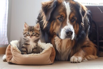big dog and kitten together, with kitten inside a pet bed