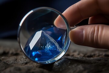 person holding a magnifying glass over a sapphire, inspecting its facets - obrazy, fototapety, plakaty
