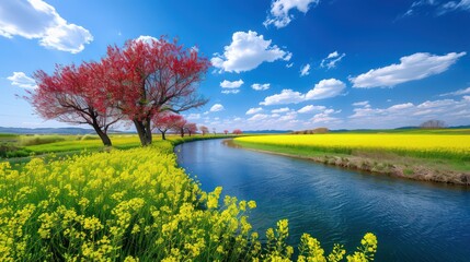 The scenic countryside in spring: meandering river, yellow radish flowers in fields, trees with red blossoms, under a blue sky with white clouds