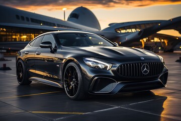 A sleek luxury black car is parked adjacent to a private jet on the airport tarmac, epitomizing elegance and sophistication in travel