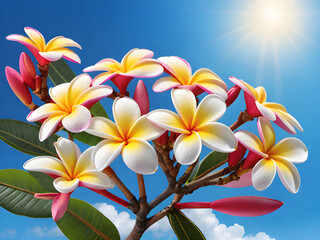 plumeria flowers on a blue sky background